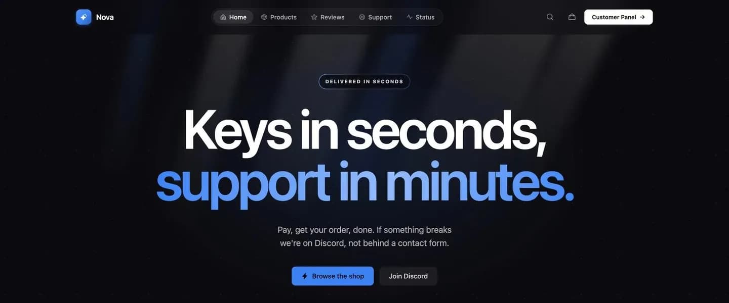 Nova, the free React storefront template, at the top of its home page