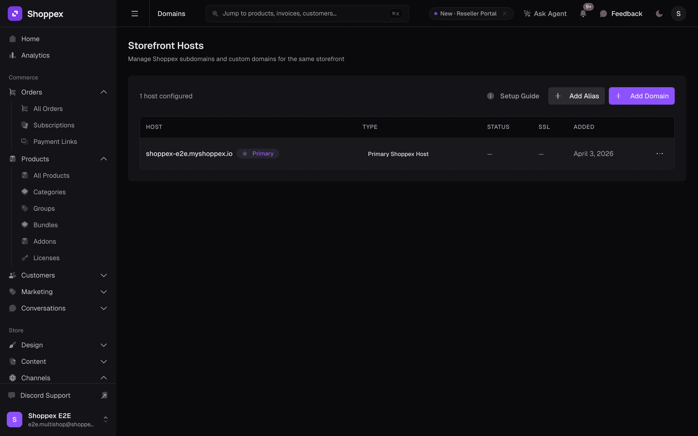 Shoppex domain hosts panel with Add Domain action