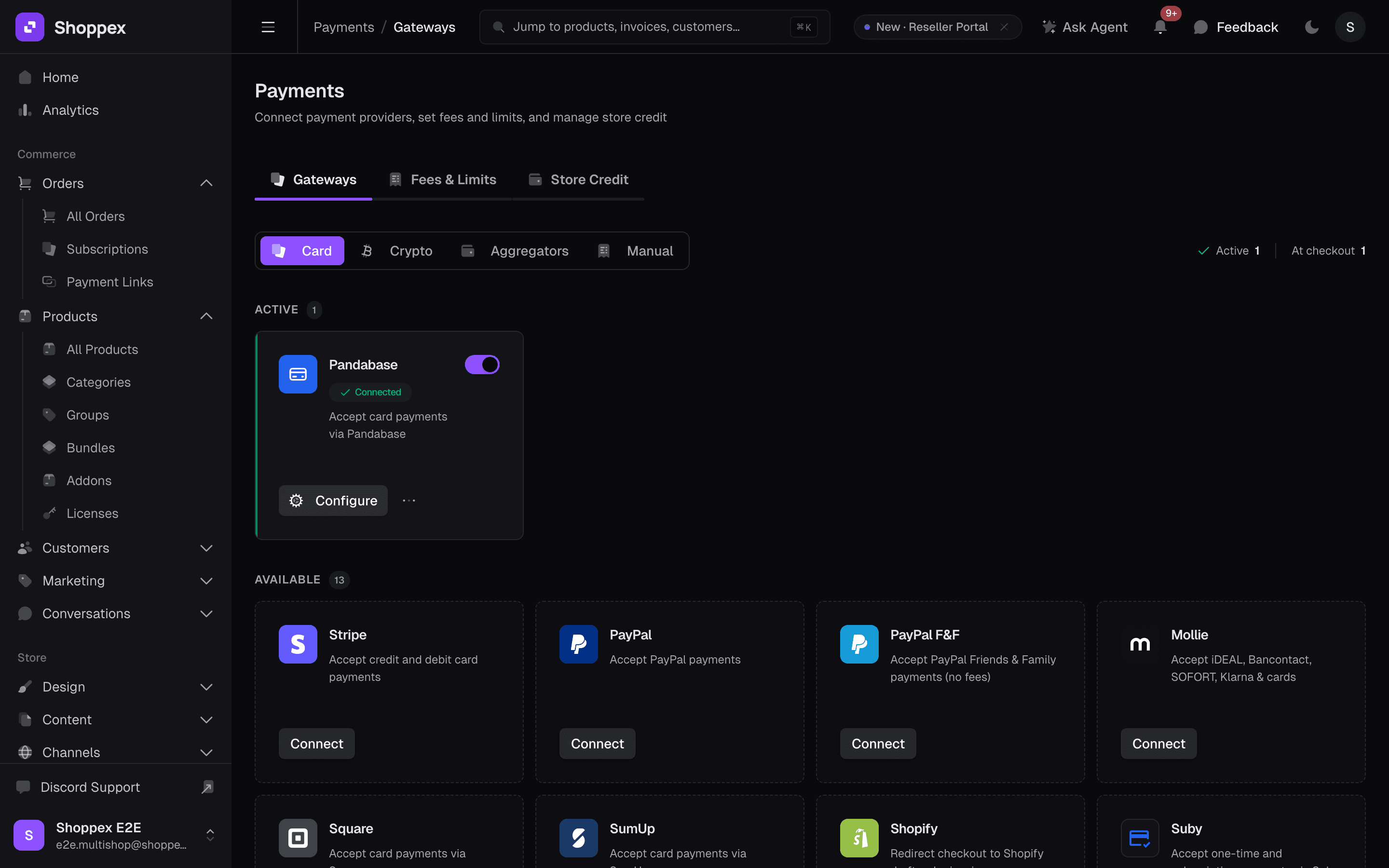 Shoppex Payments dashboard — Card/Crypto/Aggregators/Manual tabs, active and available PSPs
