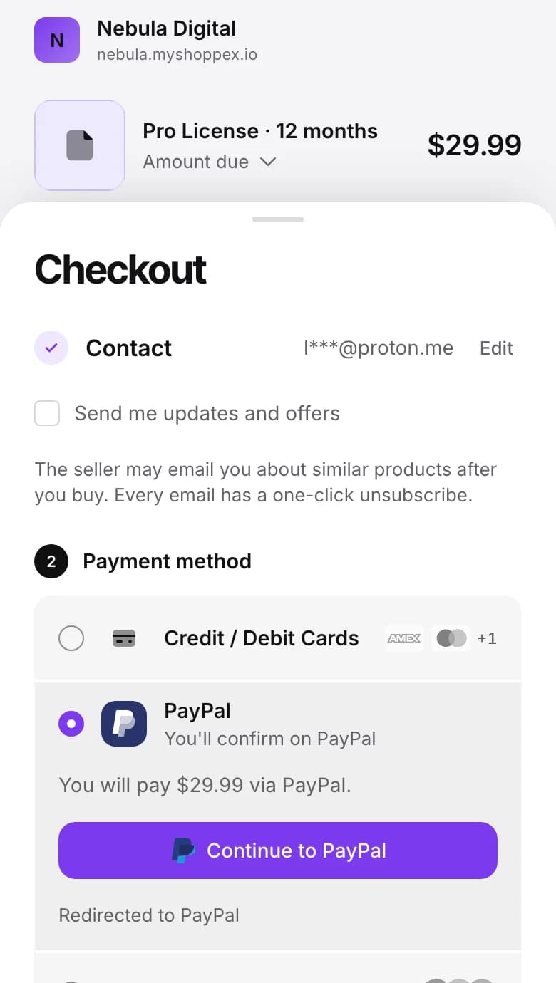 Checkout with the seller's logo, name and store address above the payment methods