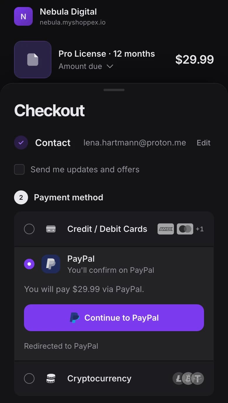 Checkout with the seller's logo, name and store address above the payment methods