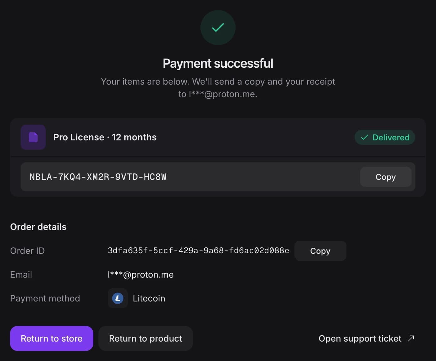 Receipt after payment: the license key NBLA-7KQ4-XM2R-9VTD-HC8W marked Delivered, paid with Litecoin