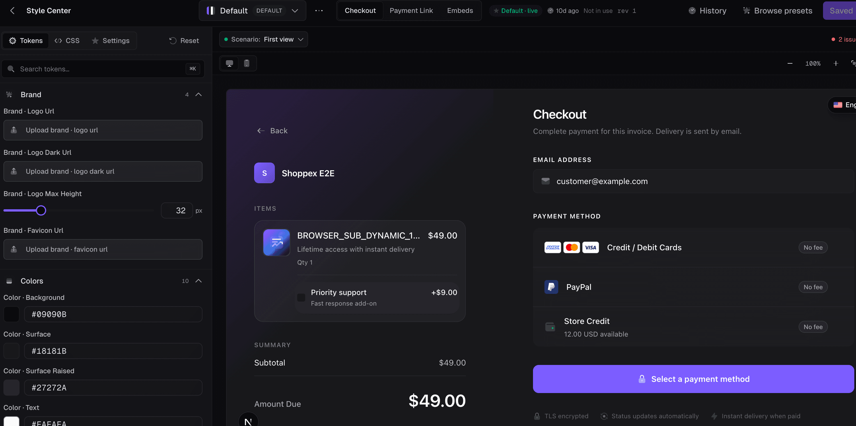 Shoppex Style Center — token inspector on the left, live checkout preview on the right, surface switcher on top
