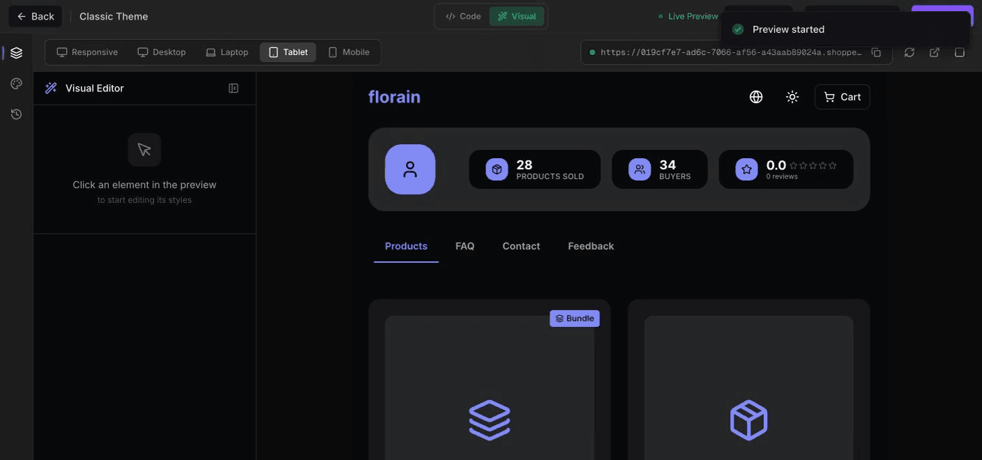 Shoppex visual editor — Tablet viewport active, click-to-edit panel on the left, live storefront preview on the right