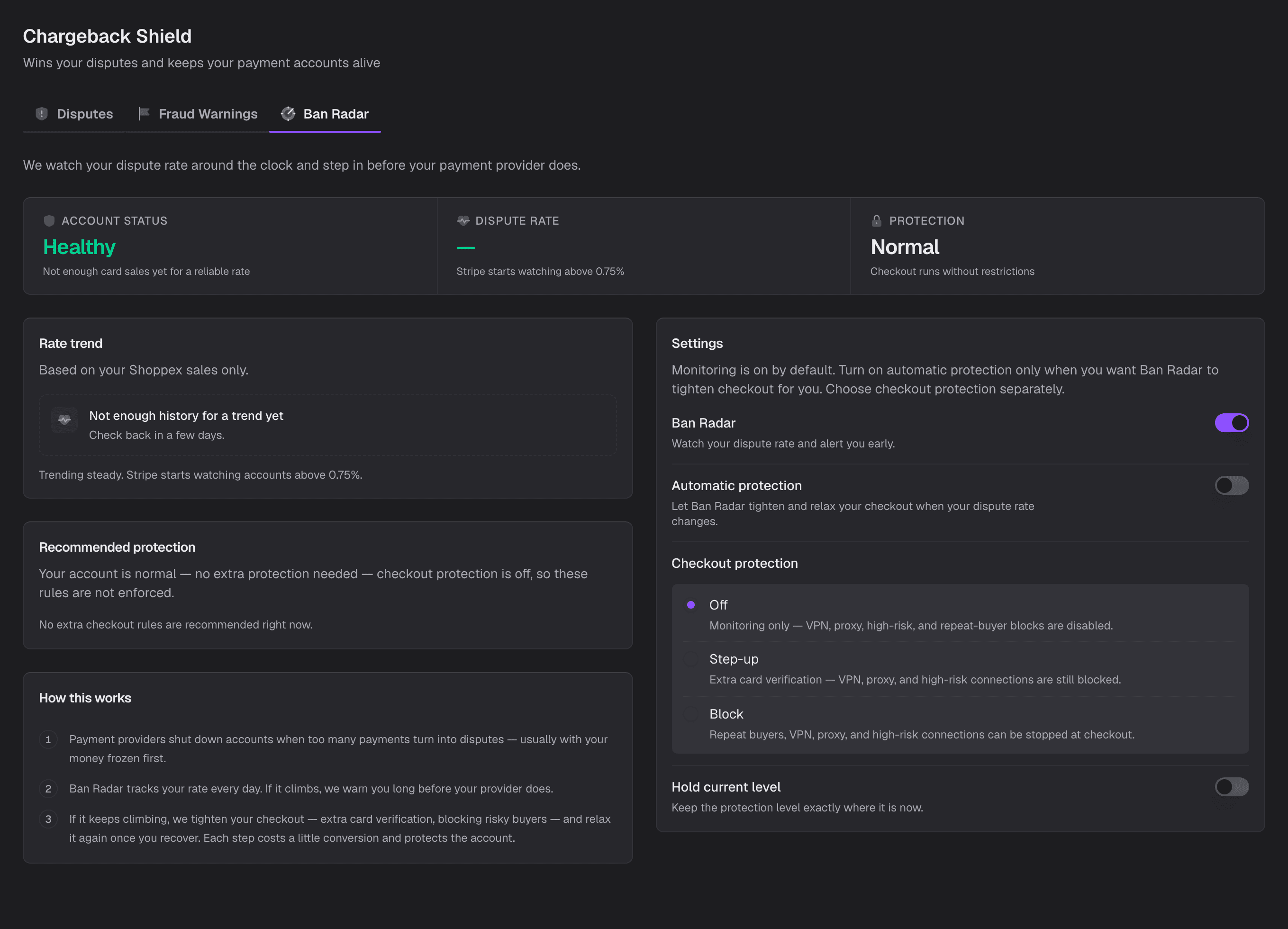 Ban Radar in the Shoppex dashboard: account status healthy, dispute rate watched against 0.75 percent
