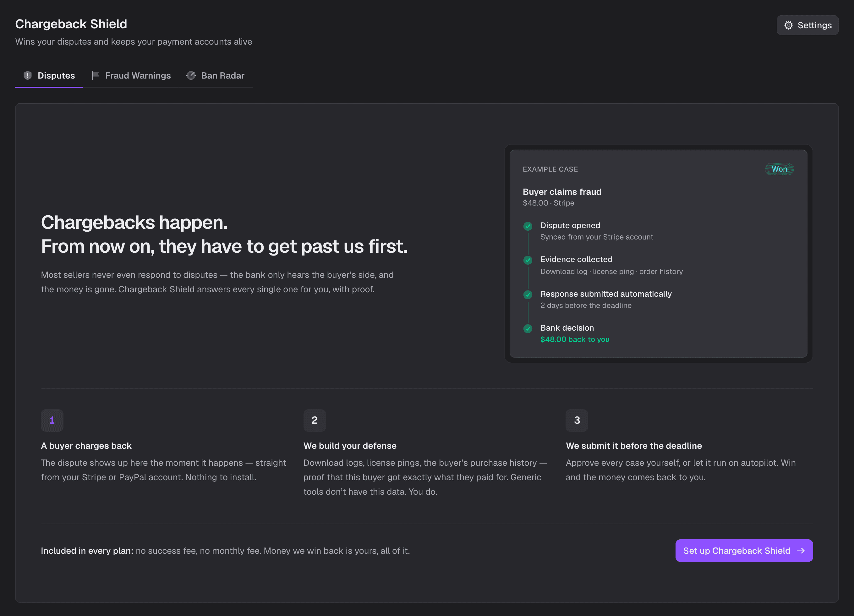 The Disputes tab of Chargeback Shield, with the example case running from dispute opened through evidence collected and response submitted to the bank decision