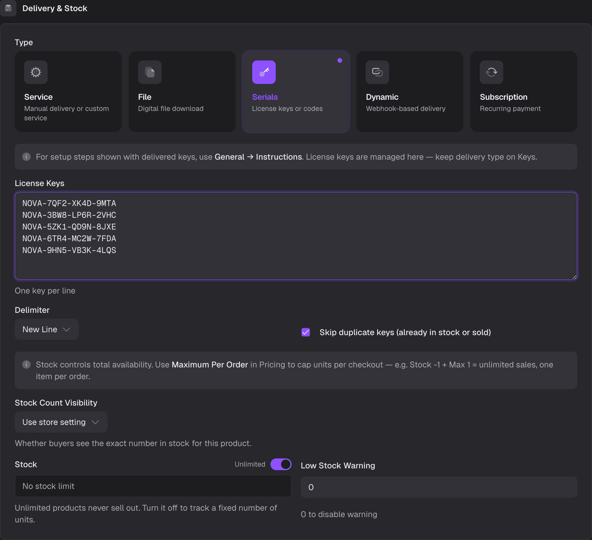 The product editor: five delivery types to choose from, with license keys pasted into the bulk import box