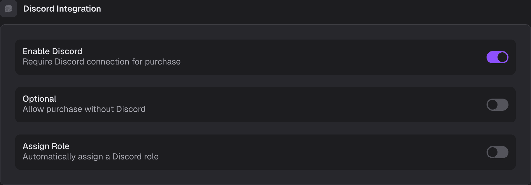 Discord settings on a product: enable Discord, make it optional, and assign a role automatically