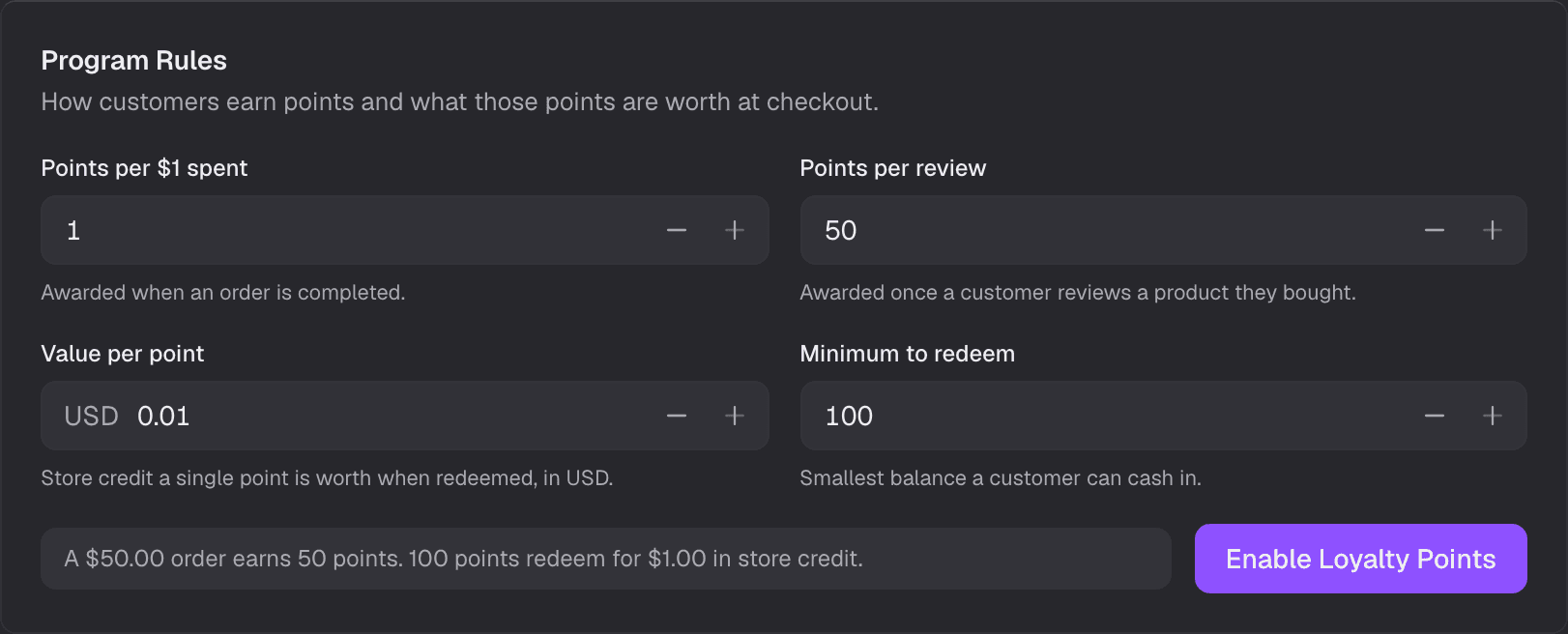 The loyalty Program Rules card in the Shoppex dashboard: 1 point per dollar spent, 50 points per review, USD 0.01 per point, 100 points minimum to redeem