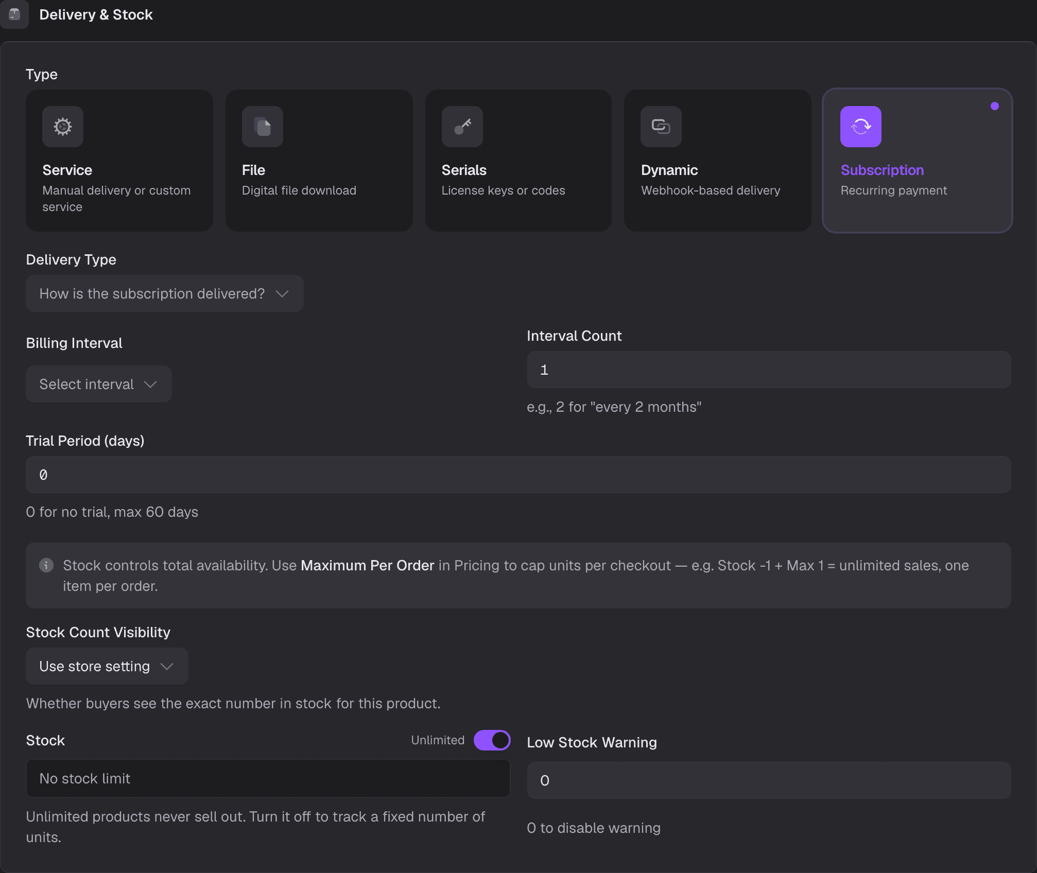 The product editor in subscription mode: billing interval, interval count, and a trial period in days