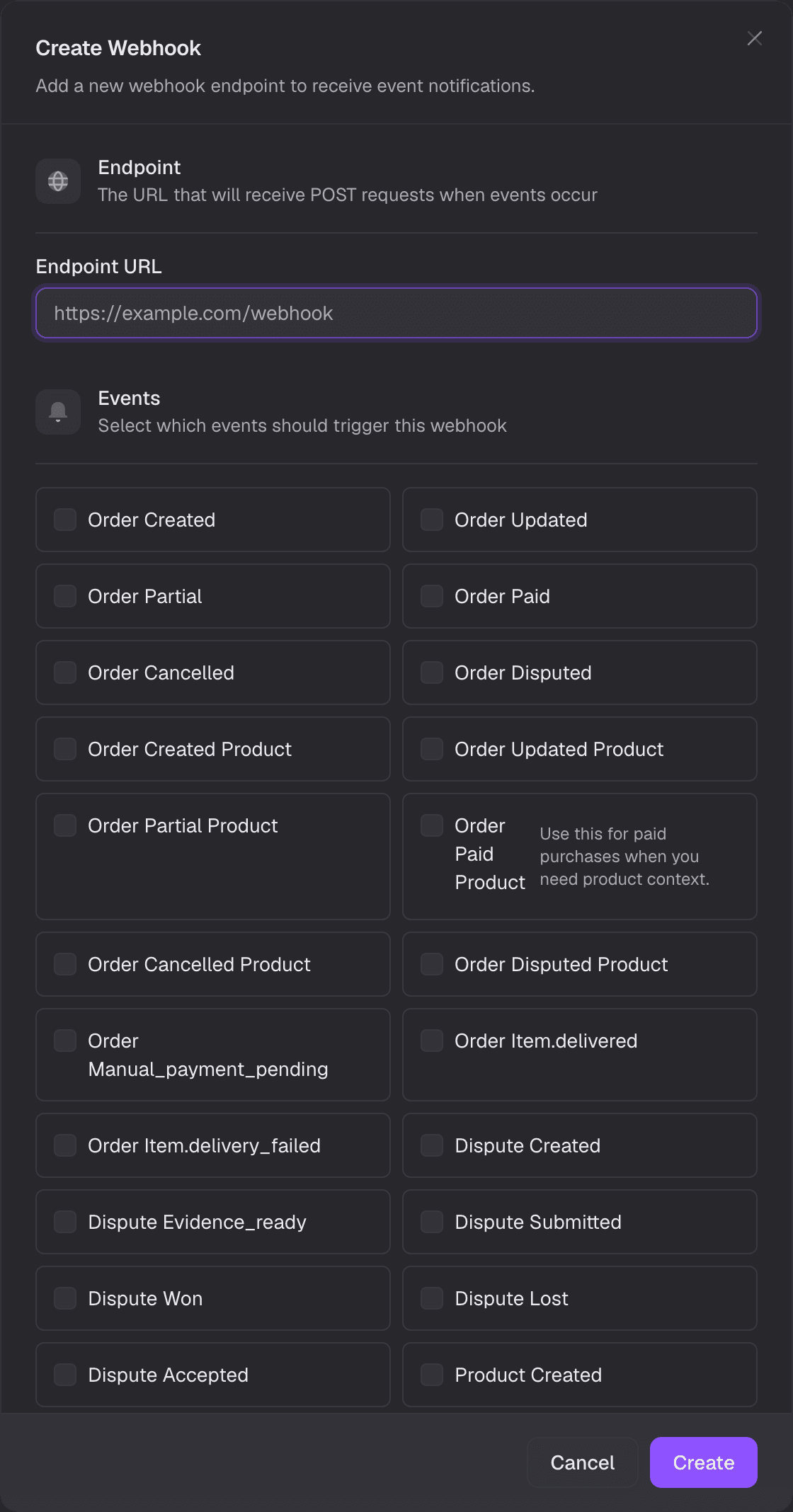 Creating a webhook: an endpoint URL and a grid of selectable events covering orders, disputes and products