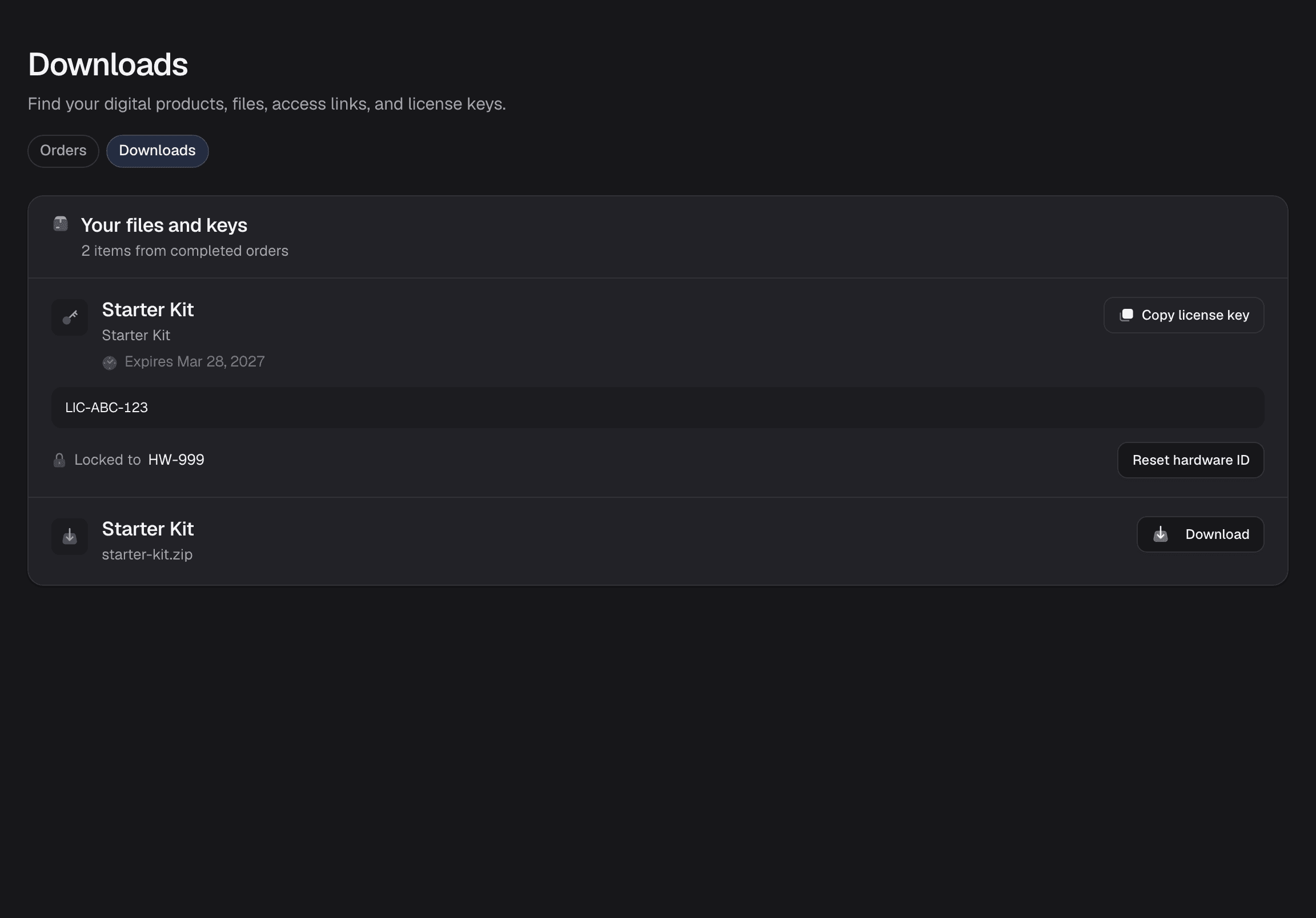 The buyer portal, where subscriptions sit next to past orders and downloads