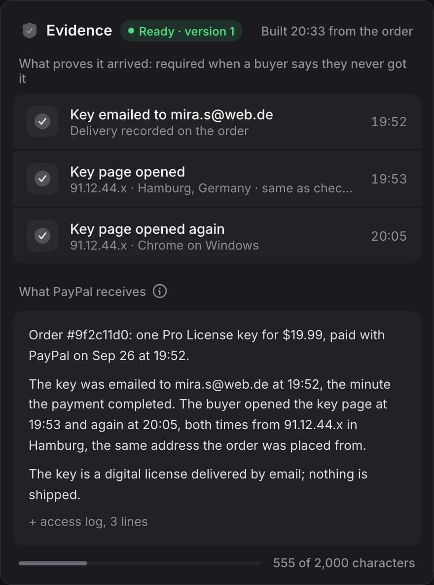 The evidence Chargeback Shield stages for a PayPal dispute: the key emailed to the buyer, the key page opened from the same address as checkout, and the note PayPal receives