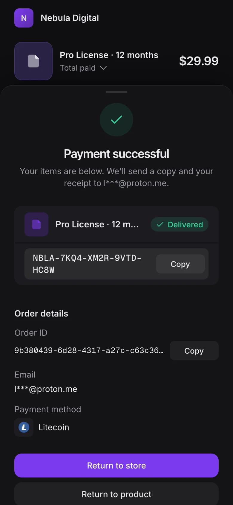 Phone checkout: payment successful and the delivered key