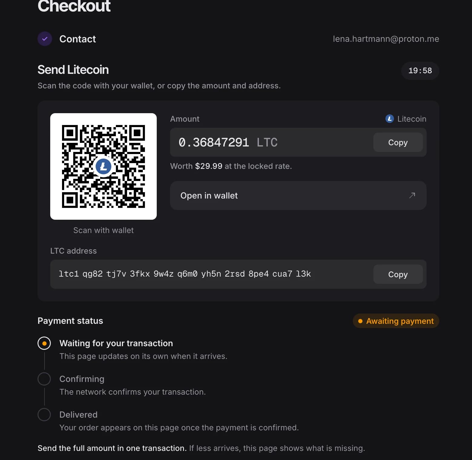 Hosted checkout asking for 0.36847291 LTC, with a QR code, the address and the payment status