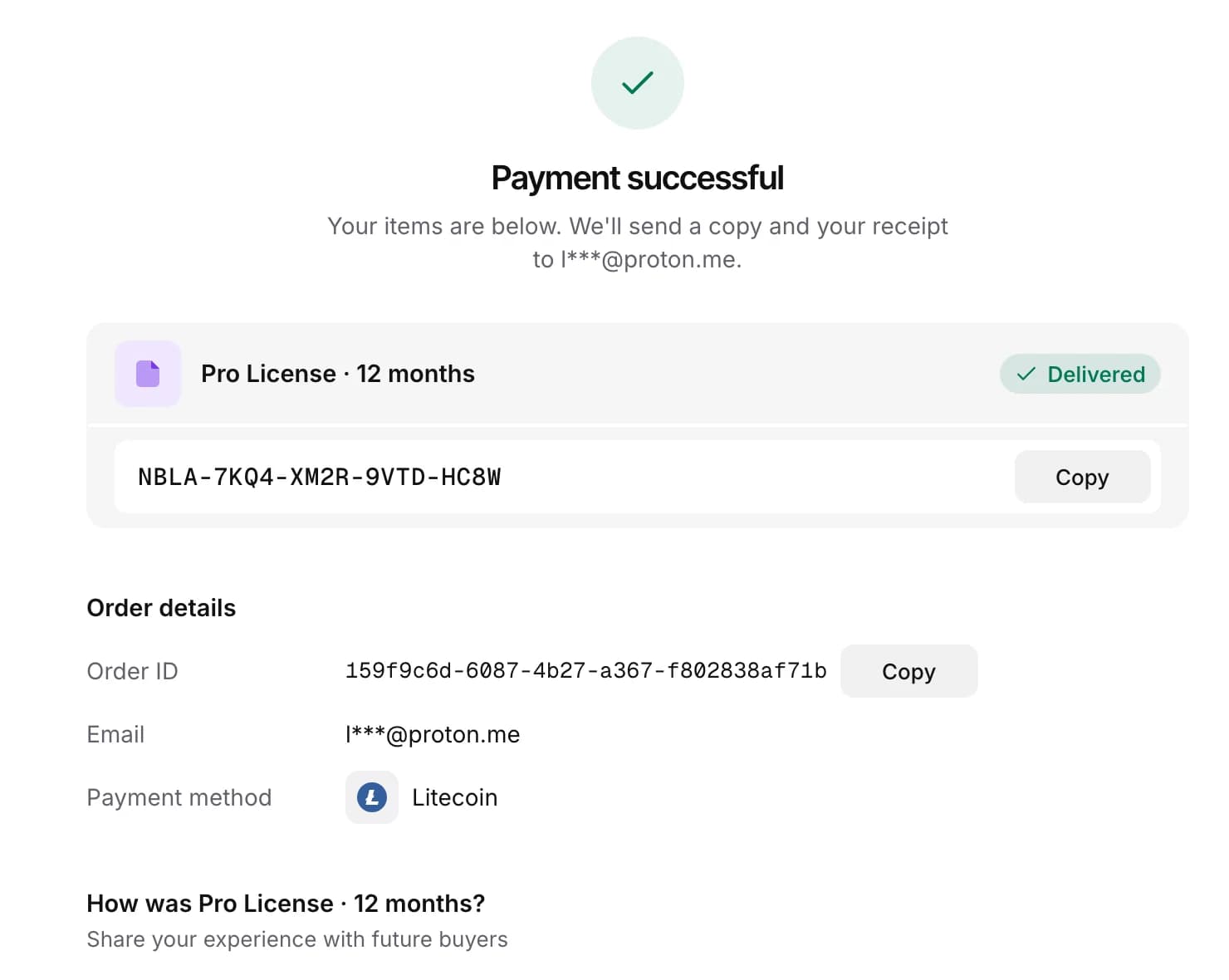 Hosted checkout after payment: Pro License delivered, the license key NBLA-7KQ4-XM2R-9VTD-HC8W with a Copy button, and the order details