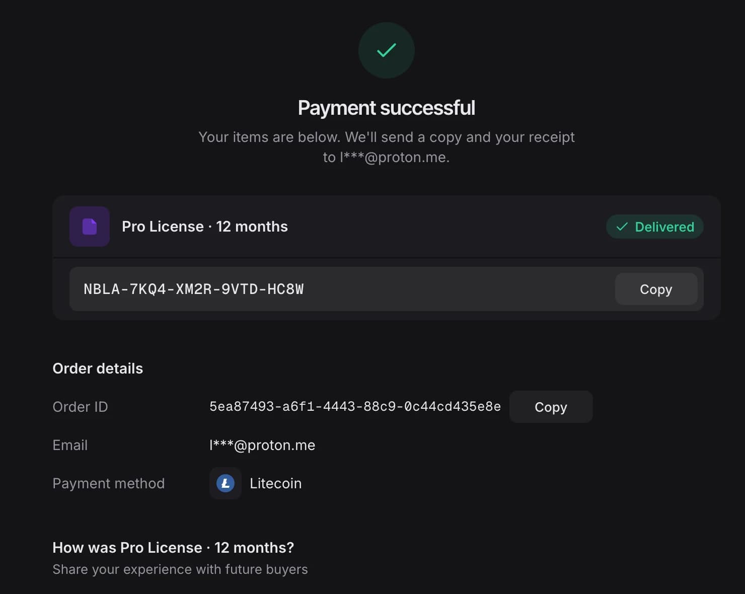 Hosted checkout after payment: Pro License delivered, the license key NBLA-7KQ4-XM2R-9VTD-HC8W with a Copy button, and the order details