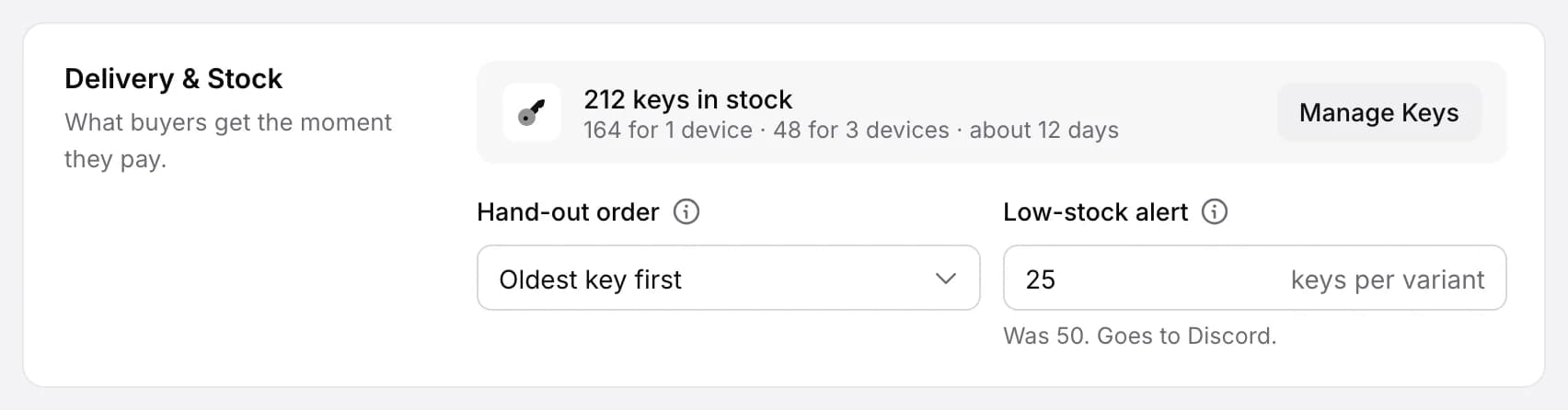Delivery and Stock card: 212 keys in stock, 164 for 1 device and 48 for 3 devices, hand-out order set to oldest key first, low-stock alert at 25 keys per variant, goes to Discord