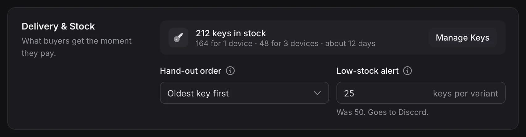 Delivery and Stock card: 212 keys in stock, 164 for 1 device and 48 for 3 devices, hand-out order set to oldest key first, low-stock alert at 25 keys per variant, goes to Discord