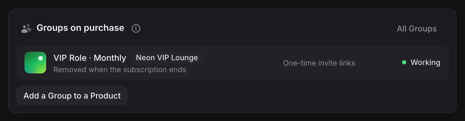 Groups on purchase in the dashboard: a VIP Role Monthly product linked to the Neon VIP Lounge group, single-member invite links that expire, removed when the subscription ends