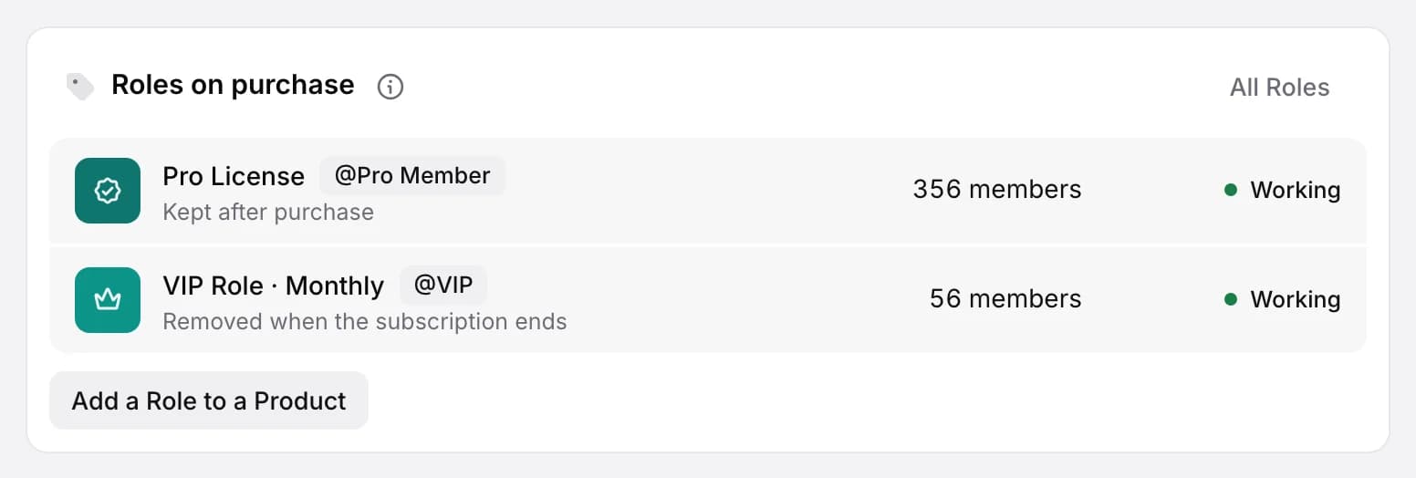 Roles on purchase in the dashboard: Pro License gives the Pro Member role and keeps it after purchase, VIP Role Monthly gives the VIP role and removes it when the subscription ends