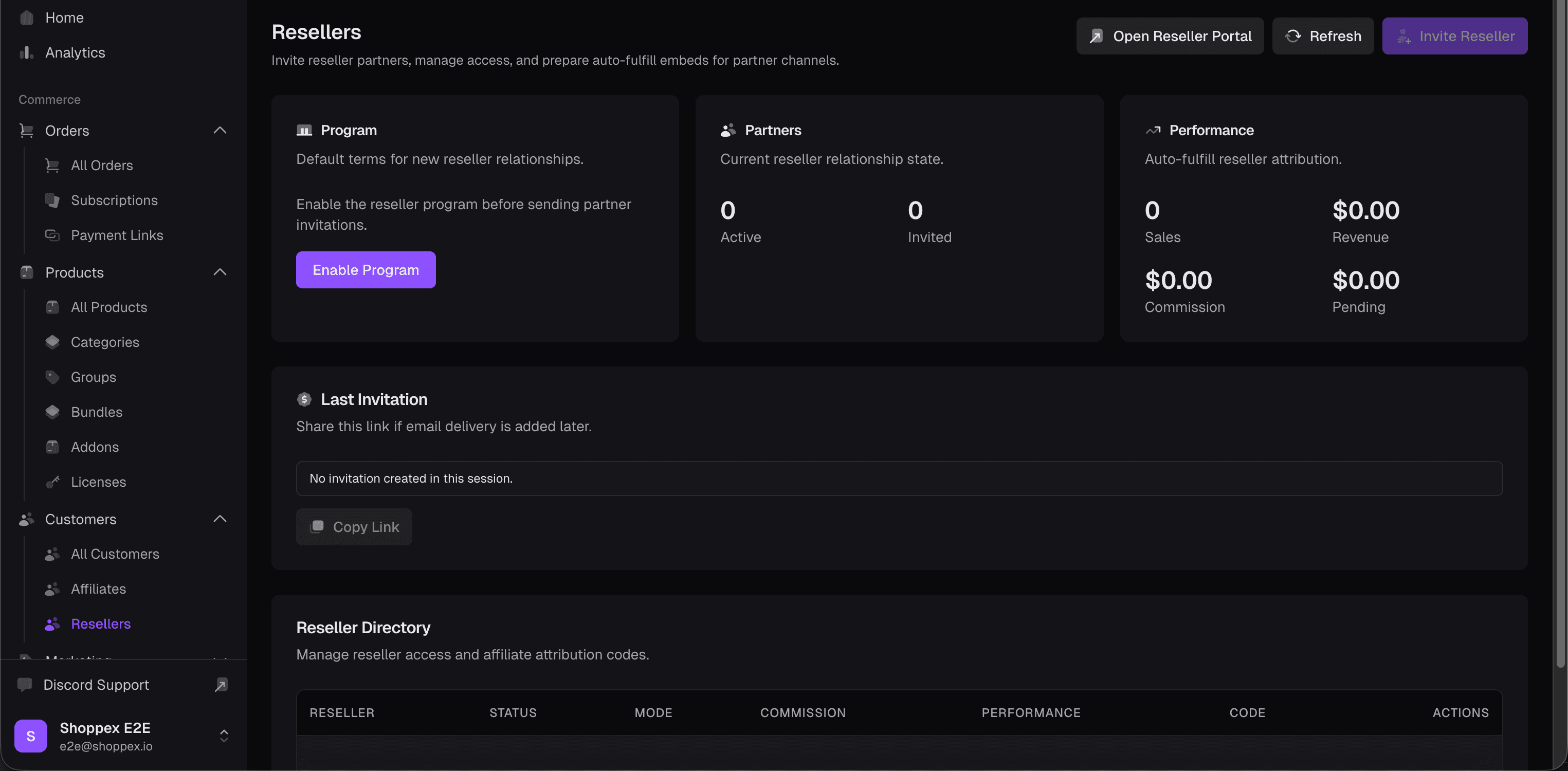 Shoppex Resellers dashboard — Program, Partners, Performance, Last Invitation, Reseller Directory