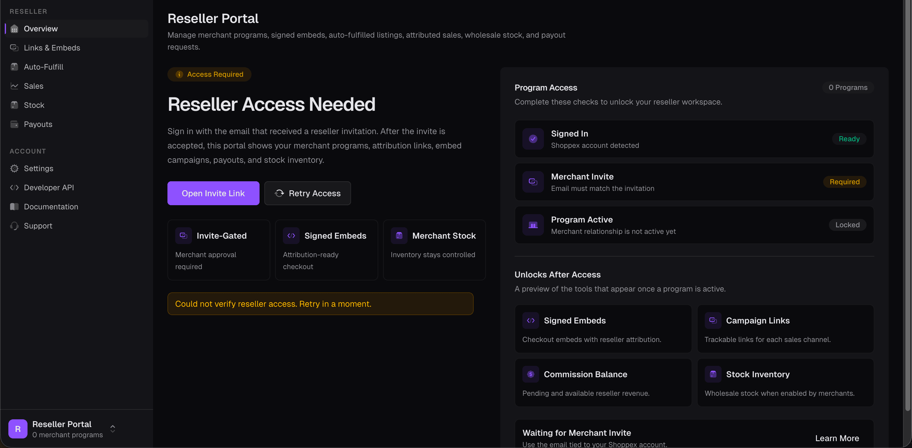 Shoppex Reseller Portal — Overview with Program Access onboarding, Signed Embeds, Campaign Links, Commission Balance, Stock Inventory