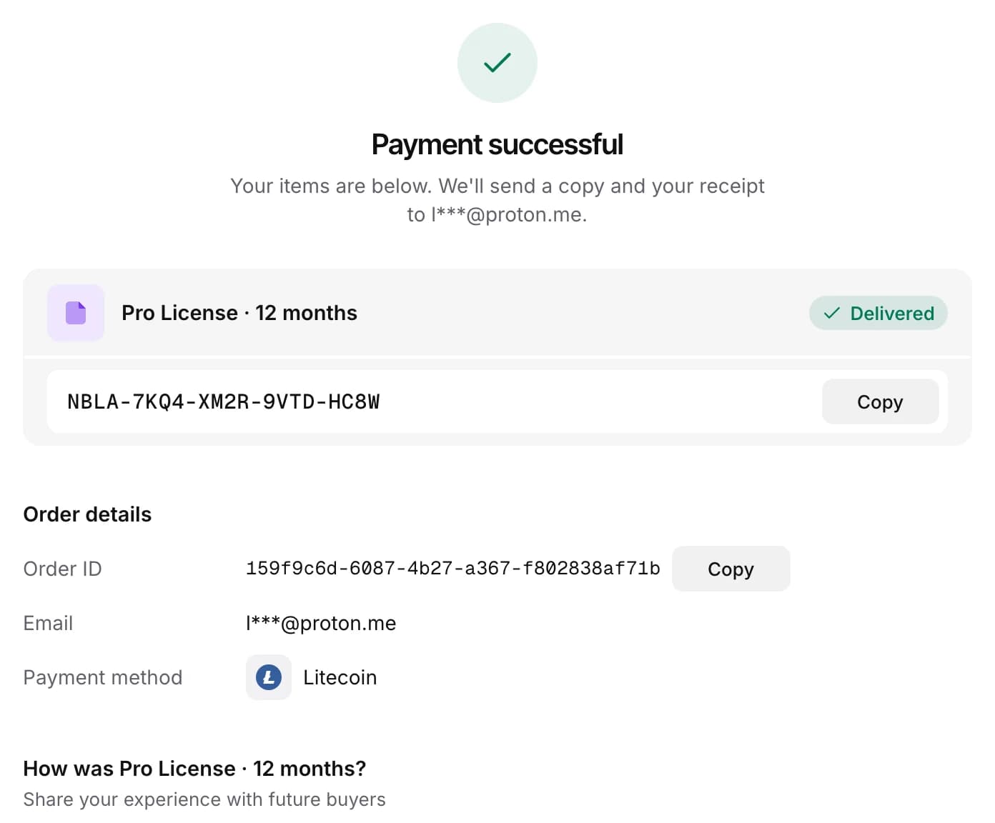 Receipt after payment: the license key NBLA-7KQ4-XM2R-9VTD-HC8W marked Delivered, paid with Litecoin