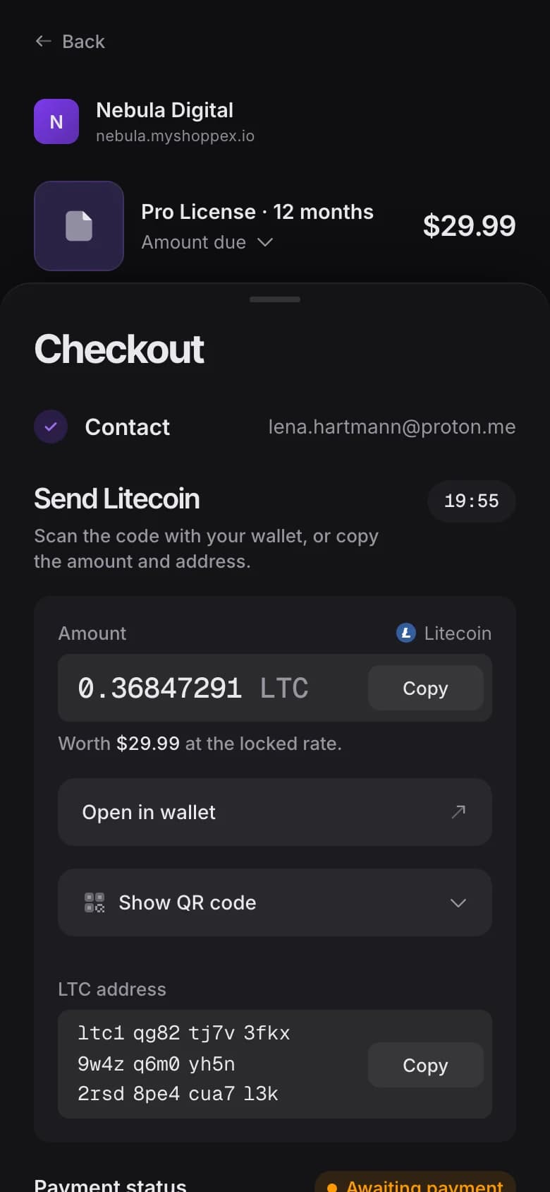 Phone checkout: send Litecoin, amount with Copy, open in wallet, address