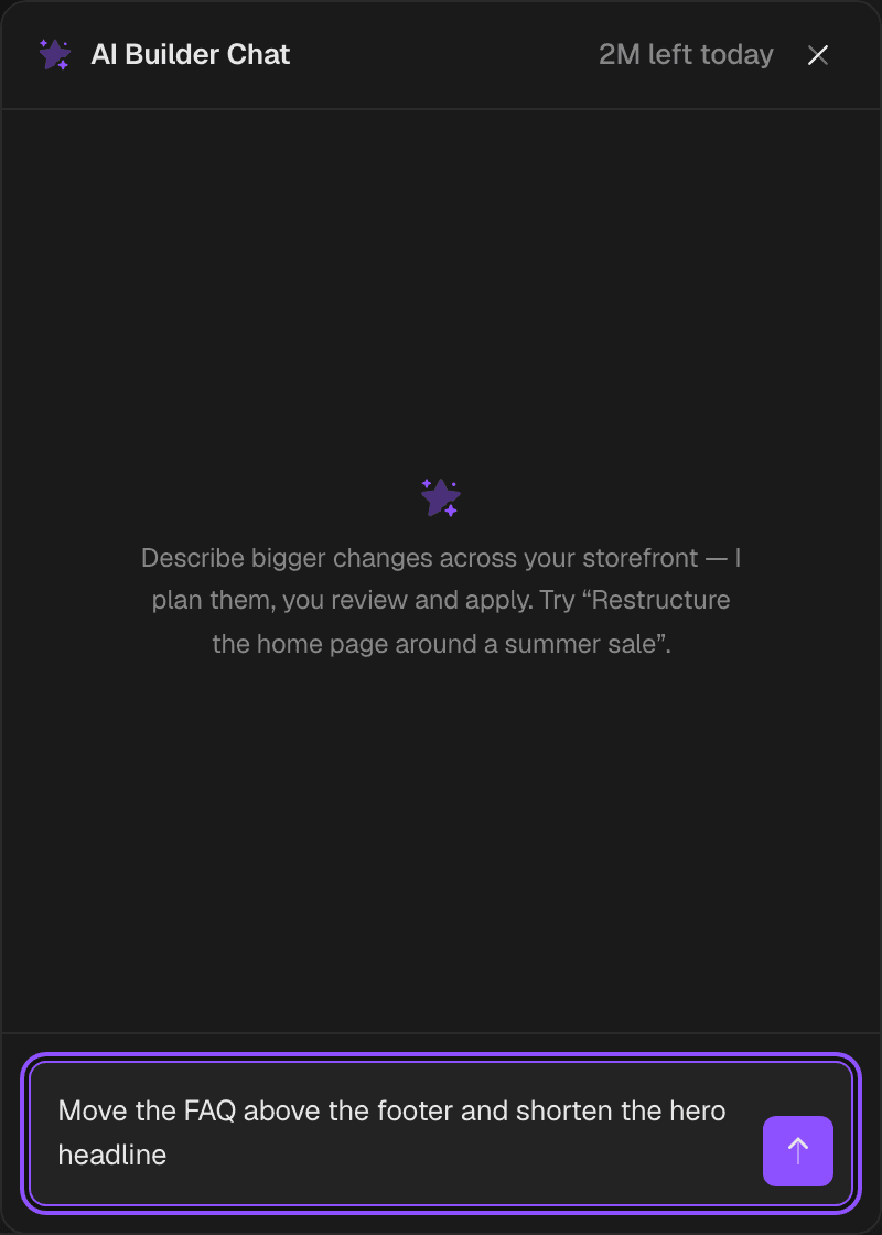 The AI Builder chat panel with the day’s remaining allowance in its header and a typed instruction in the composer
