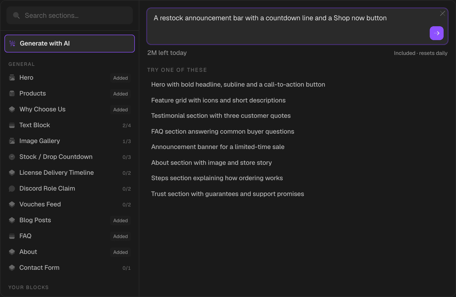 The Add Section dialog with Generate with AI selected: a typed request for a restock announcement bar, the day's remaining allowance, and eight starting points to pick from