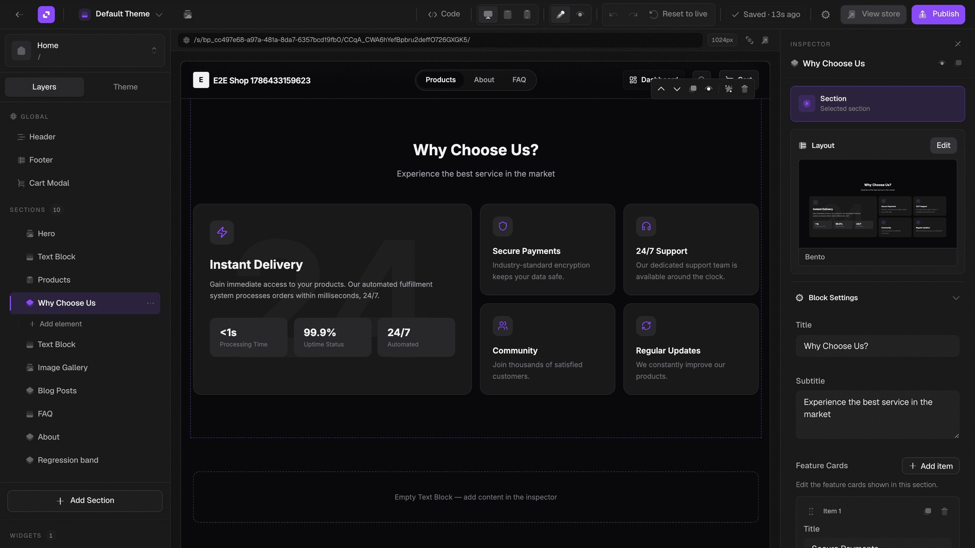 The storefront builder: a section list on the left, the live page in the middle with a Why Choose Us section selected, and that section’s title, subtitle and feature cards open in the inspector on the right