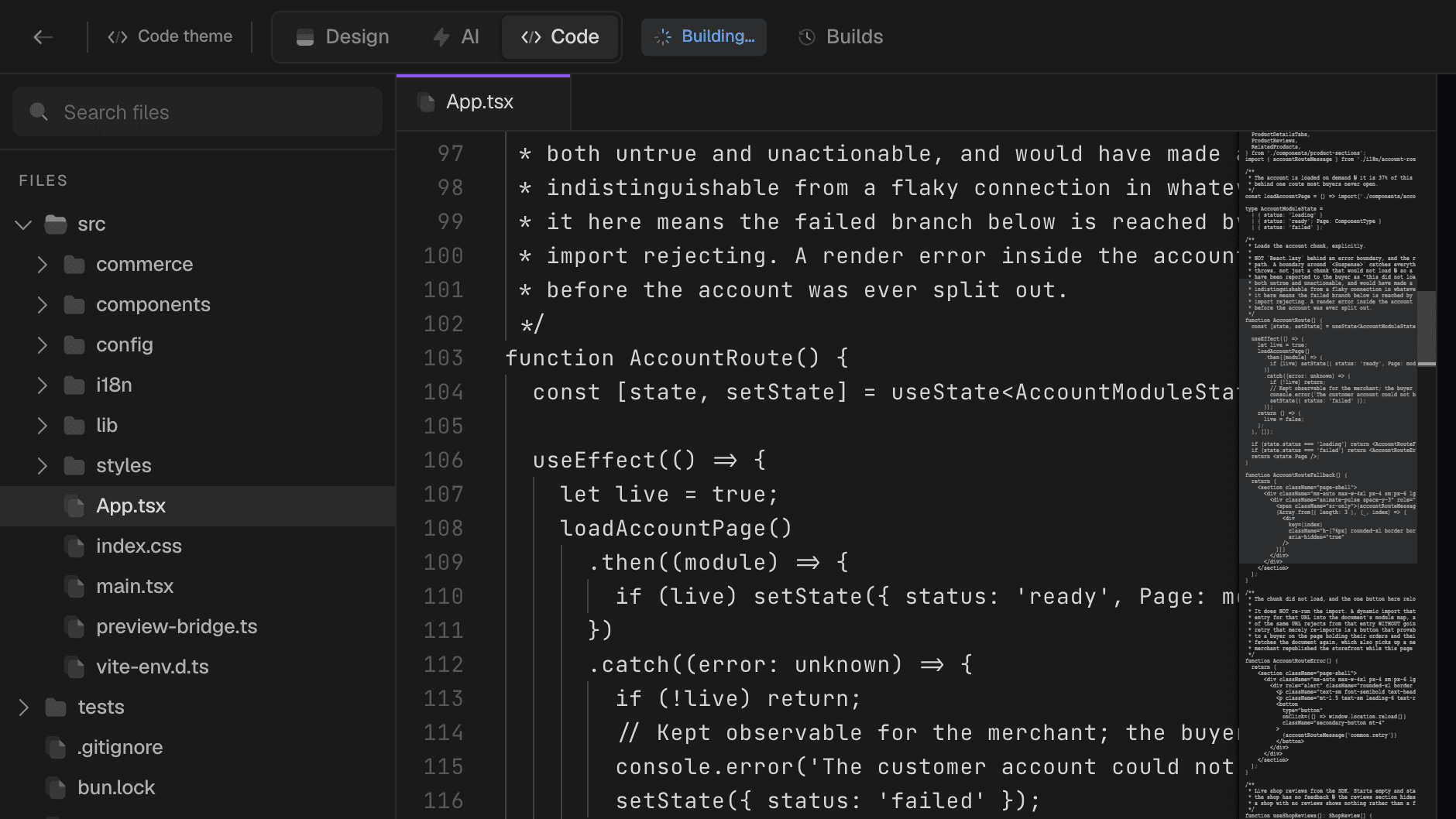 The code storefront editor on its Code tab, with Design and AI tabs beside it: a file tree of a React project on the left and its App.tsx open in the editor
