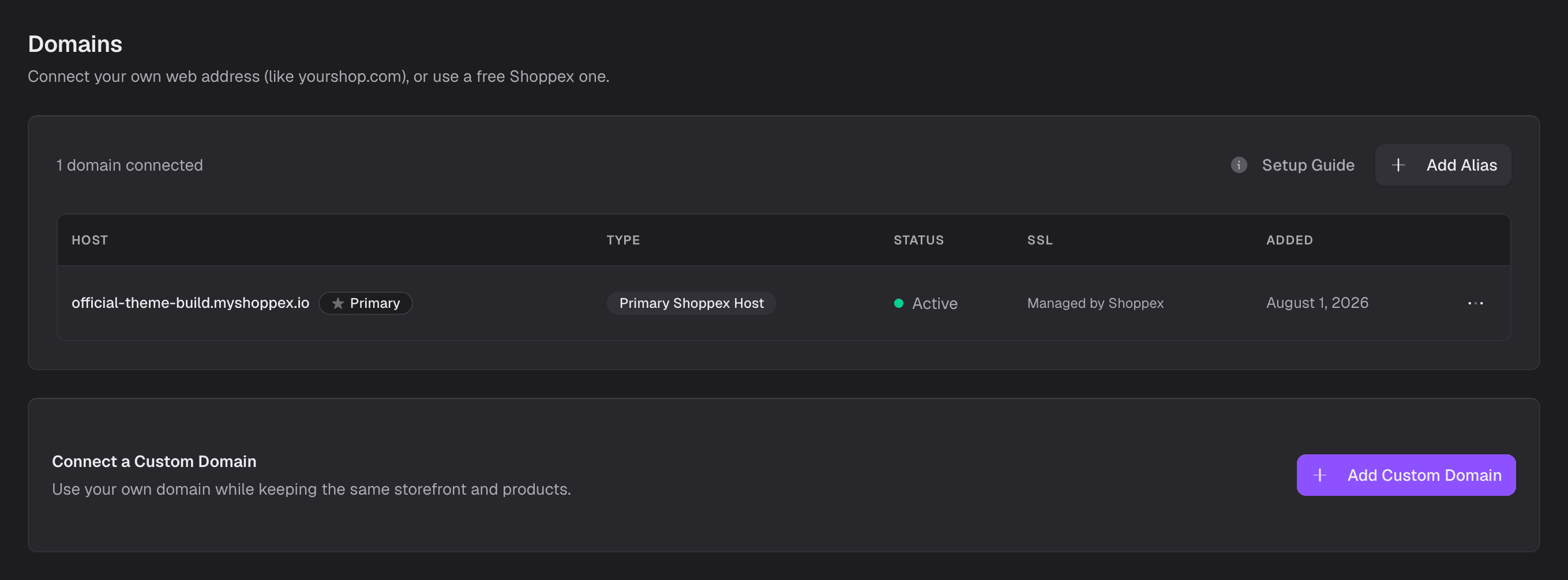 The domains screen: a primary Shoppex host with active status and SSL managed by Shoppex, and a panel for connecting a custom domain