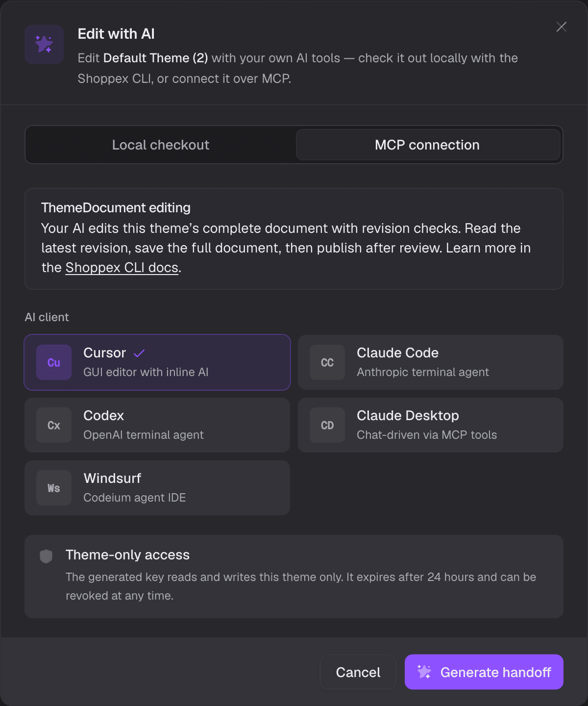 The Edit with AI dialog: a local checkout path and an MCP connection path, a picker for Cursor, Claude Code, Codex, Claude Desktop and Windsurf, and a note that the generated key reaches this theme only and expires after 24 hours