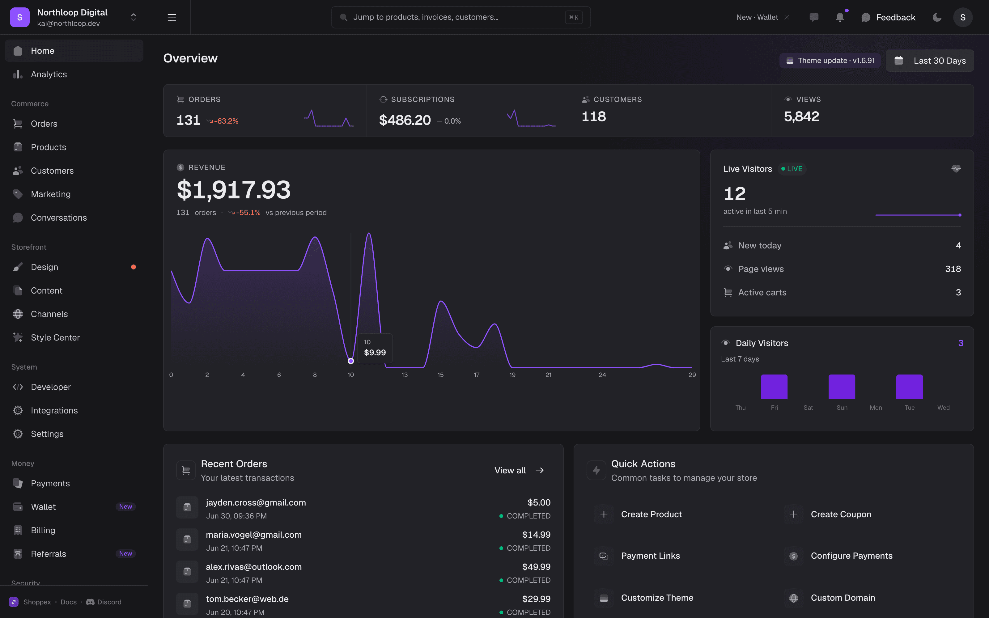 The Shoppex merchant dashboard: revenue, live visitors, and recent orders