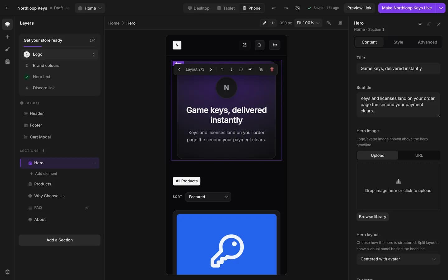 The theme builder in phone preview at 390 pixels, the Hero selected, with undo, History and the Make Live button in the top bar.