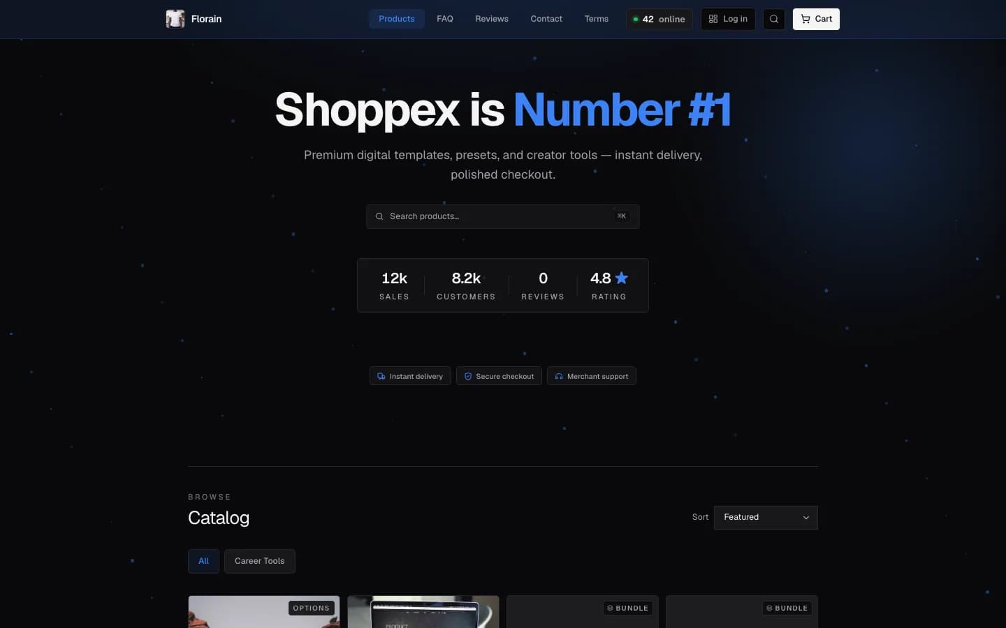 The Clean Minimal (Code) demo store: a dark storefront with a centred headline, a search field and a catalogue
