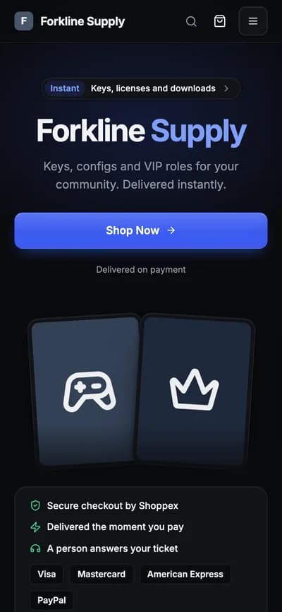 The Forkline Supply demo store on the ForkMe theme, on a phone: headline, Shop Now button and a fanned shelf of products