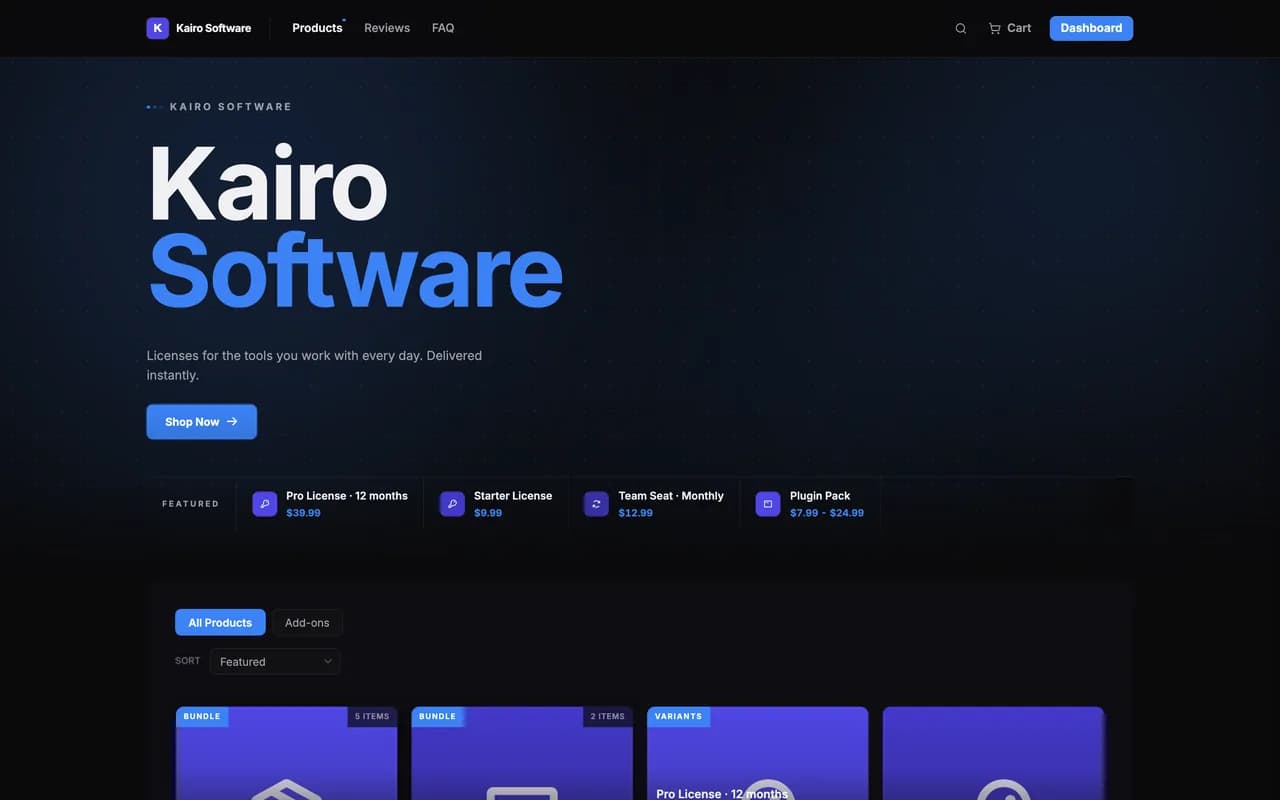 The Kairo Software demo store on the Pulse theme: a large two-tone headline, a Shop Now button and a strip of featured products