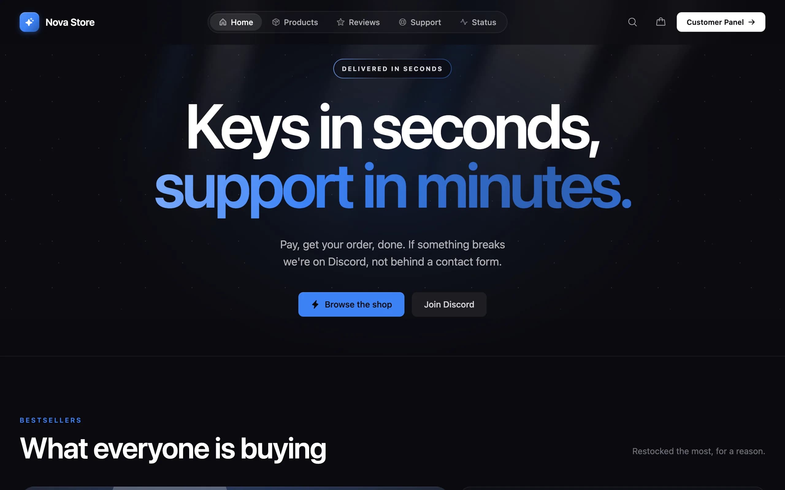 The Nova demo store: a dark React storefront with a pill navigation bar and a large two-tone headline