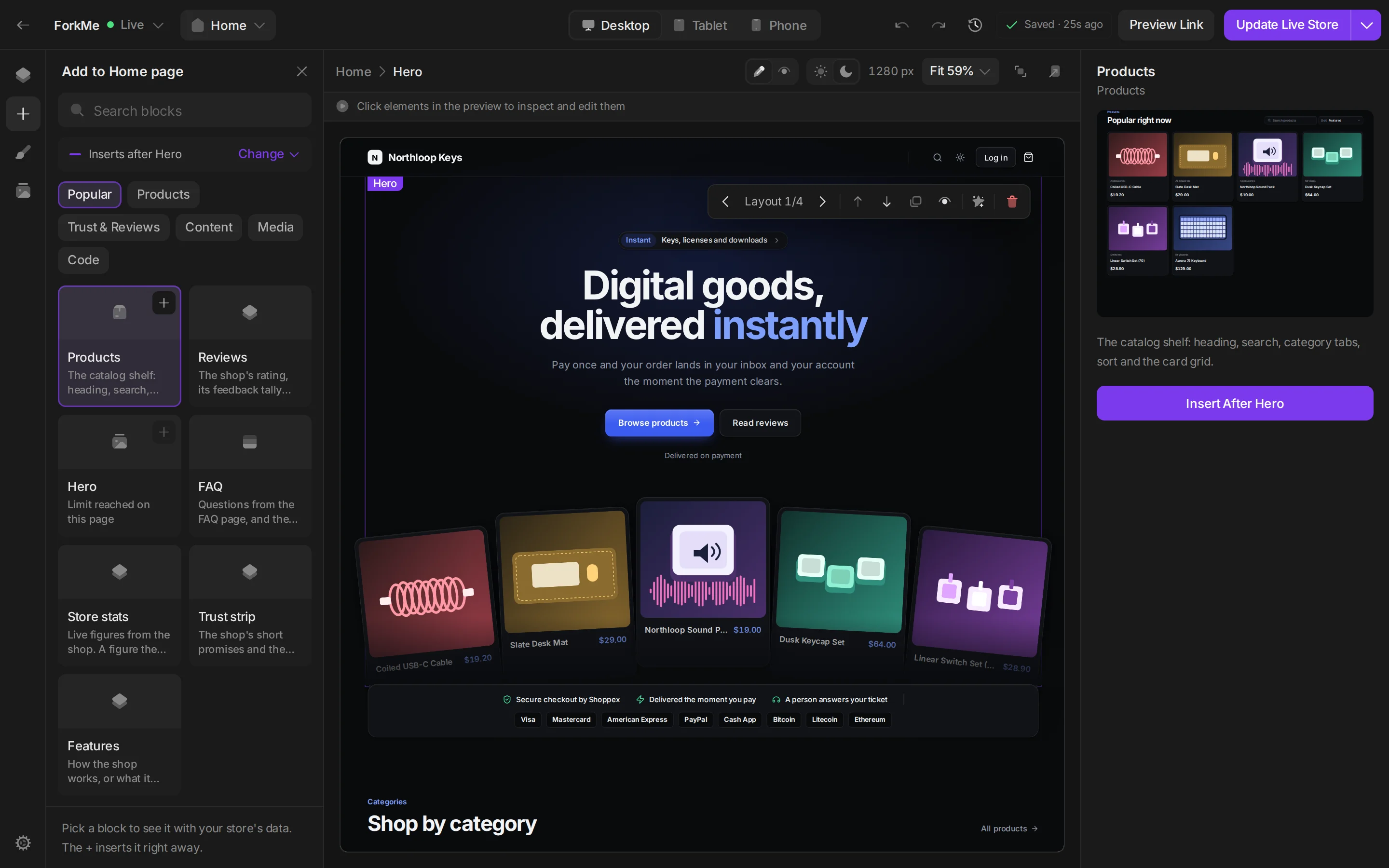 Adding a section in place: the Products block picked from the add panel, with a live preview and Insert After Hero