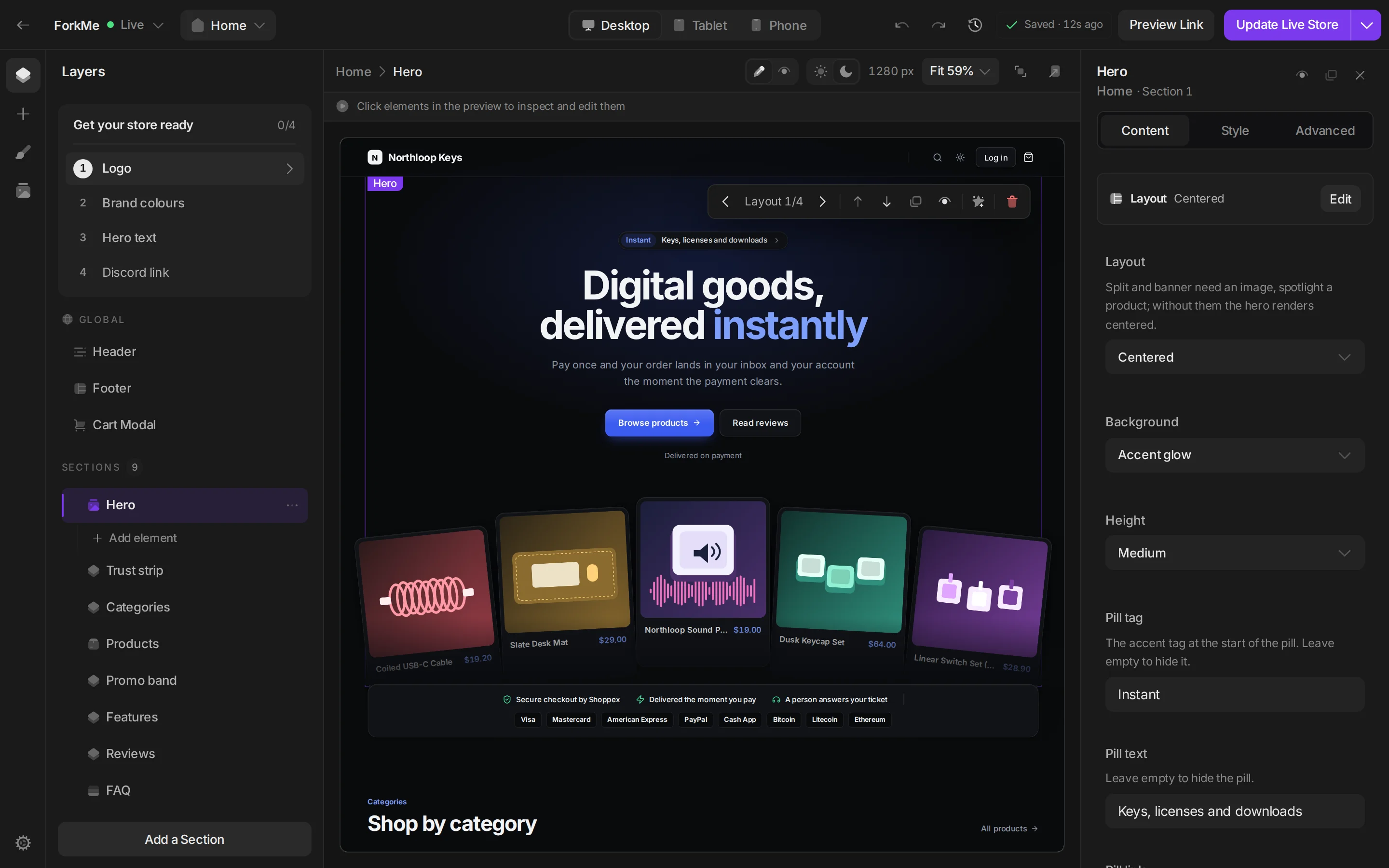 The new theme builder with the hero selected: the layers with the "Get your store ready" checklist on the left, the store in the middle and the block's settings on the right