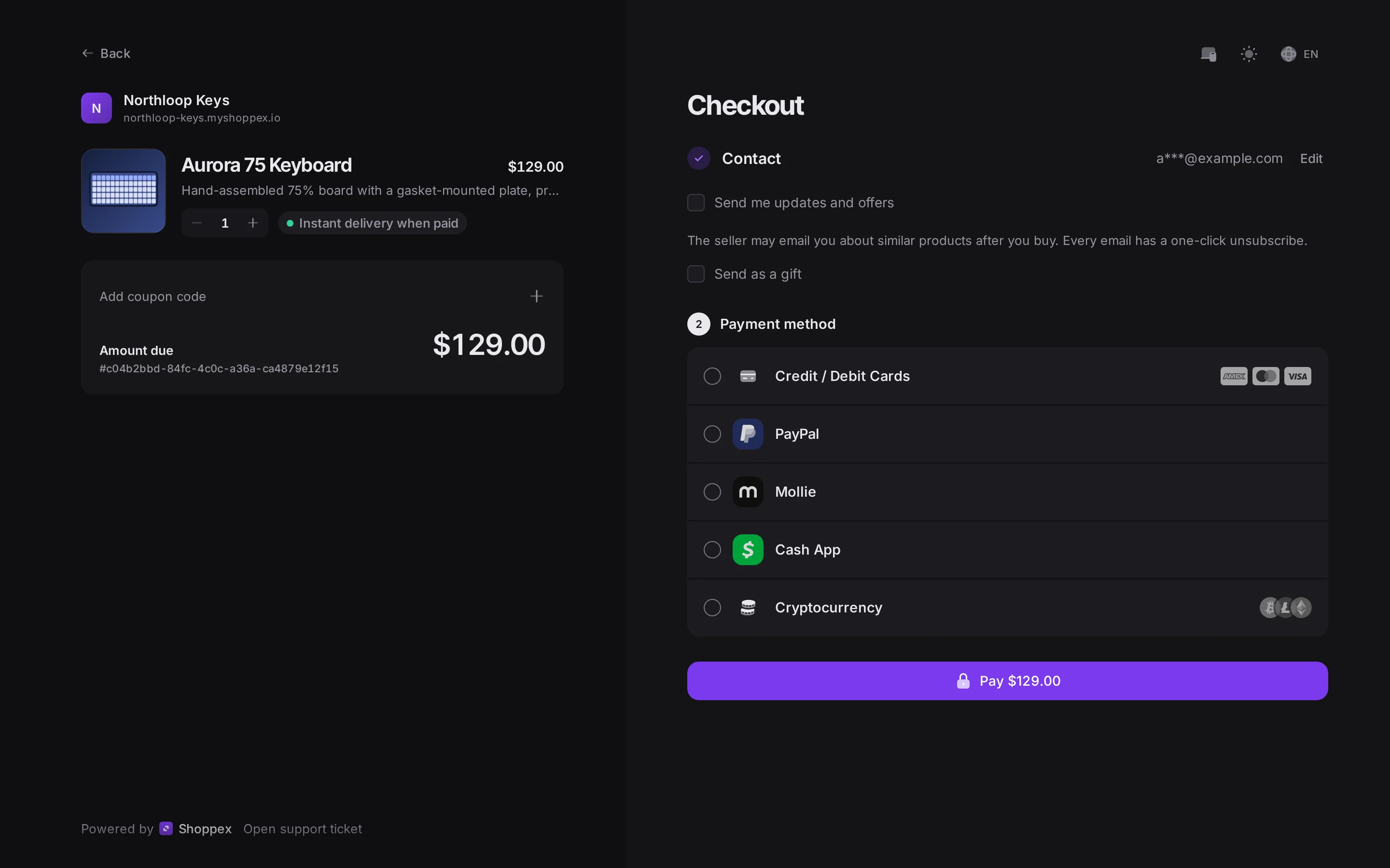 The new hosted checkout: the product on the left, and on the right the confirmed email and every payment method in one list, cards, PayPal, Mollie, Cash App and crypto
