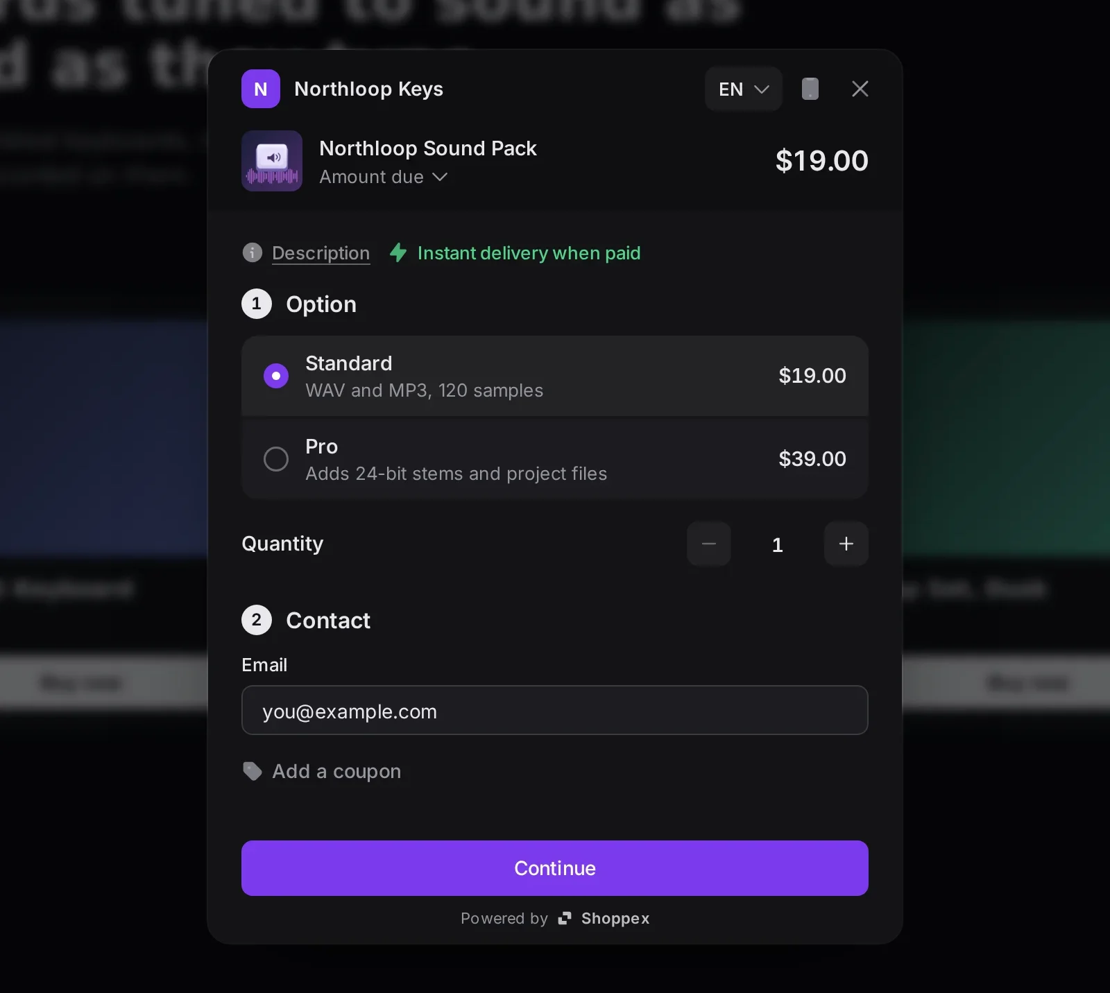 The embed open over a store page: the product with its price, the Description link, the option step with Standard and Pro, the quantity, the email, Add a coupon and Continue