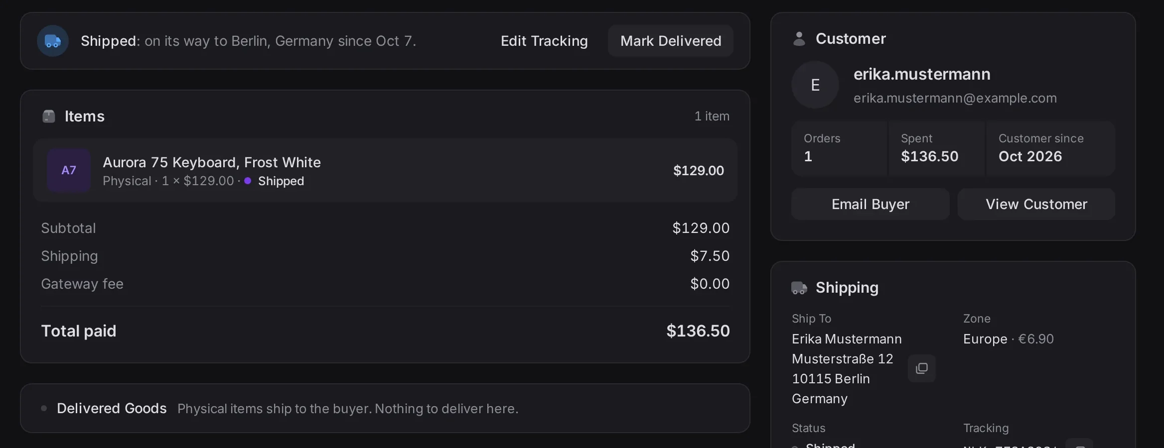 An order after Mark Shipped: the item marked shipped, shipping in the total, and the shipping card with the address, the zone and the tracking code
