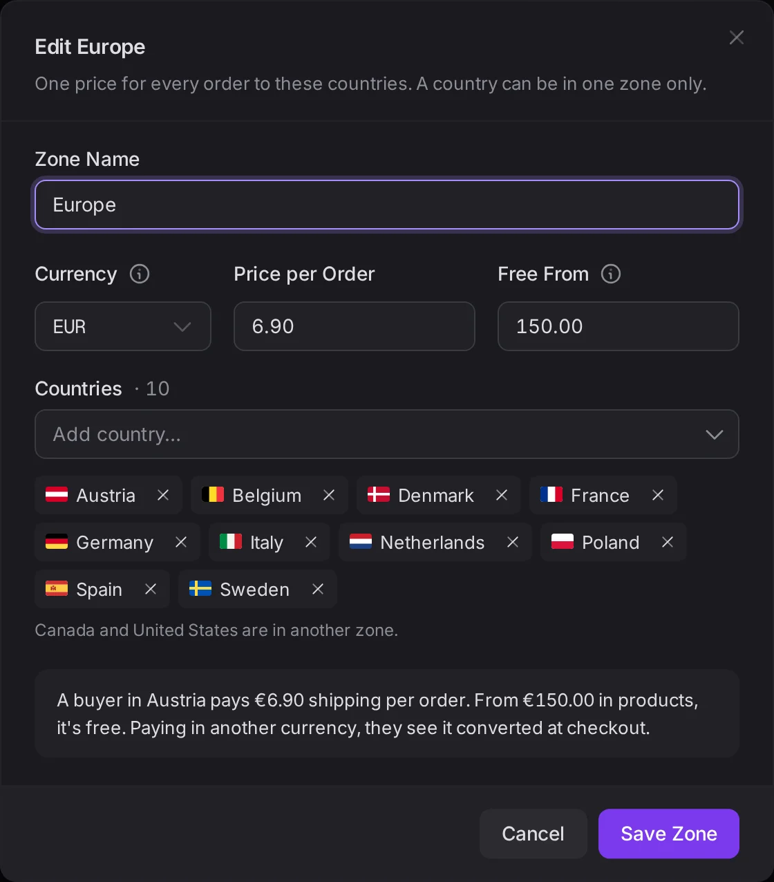 A shipping zone called Europe: ten countries, 6.90 EUR per order and free from 150 EUR in products