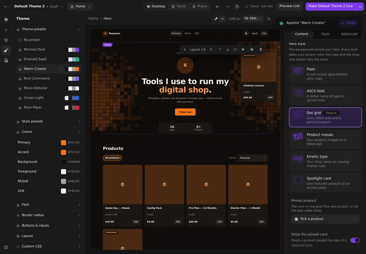 The Builder with the Default theme: the seven Theme presets on the left with Warm Creator applied, the store in the middle and the Hero style tiles on the right