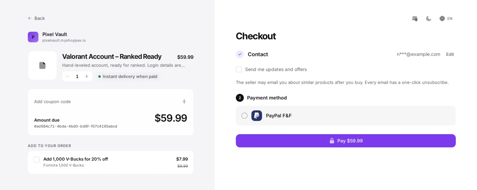 Hosted checkout for a $59.99 Valorant account with the offer Add 1,000 V-Bucks for 20% off at $7.99 instead of $9.99, next to the payment method and the Pay button