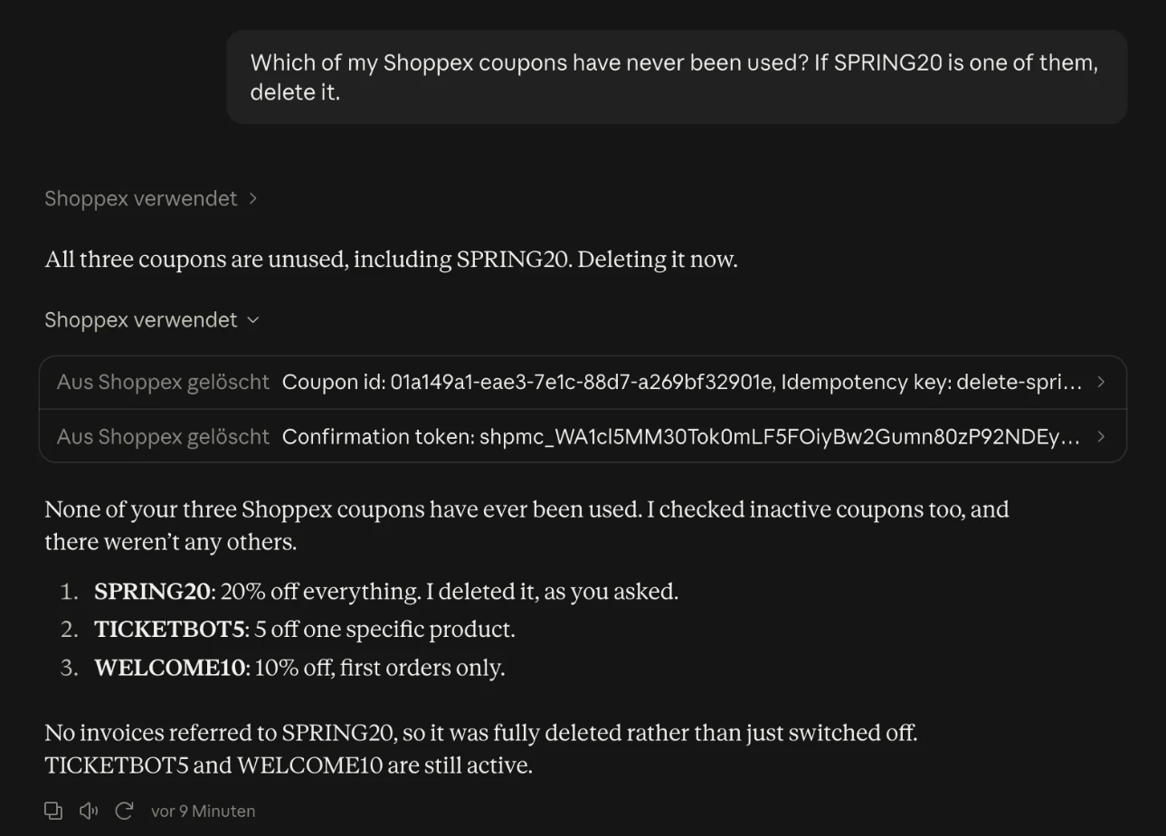 A real conversation in Claude with our demo store: asked which coupons were never used and to delete SPRING20, Claude lists the coupons, calls the delete tool once to get a one-time confirmation code, then deletes with that code and summarizes the three coupons